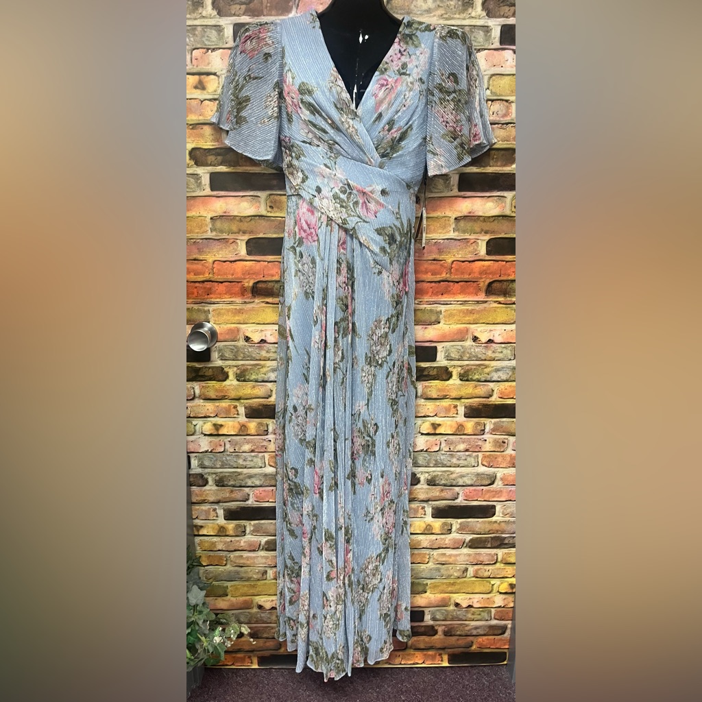 V-Neck Back, Zipper Flutter, Short Sleeves, Long, Metallic Mesh Gown